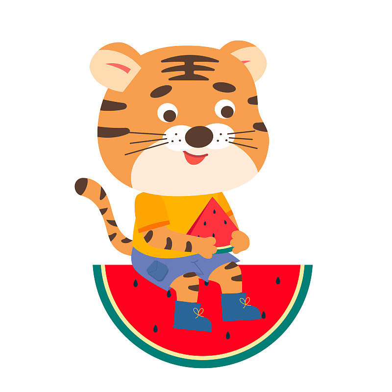 坐在西瓜上的可爱老虎矢量插画图片