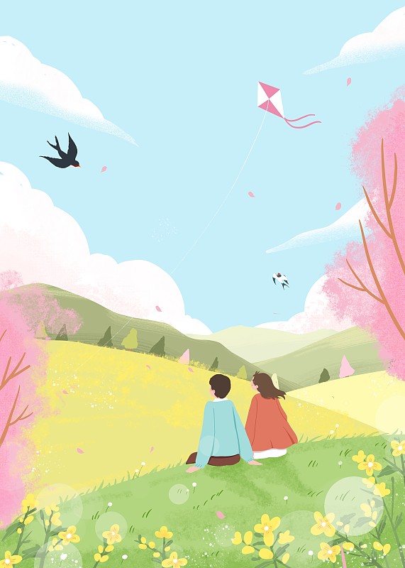 坐在春天的美景中的手绘情侣插画下载