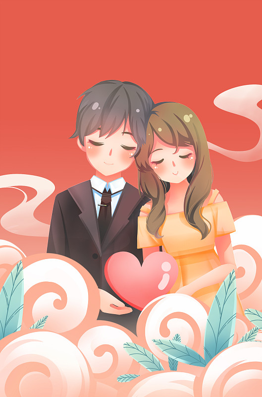 红色唯美浪漫情人节七夕节日插画，云朵中靠在一起的情侣图片