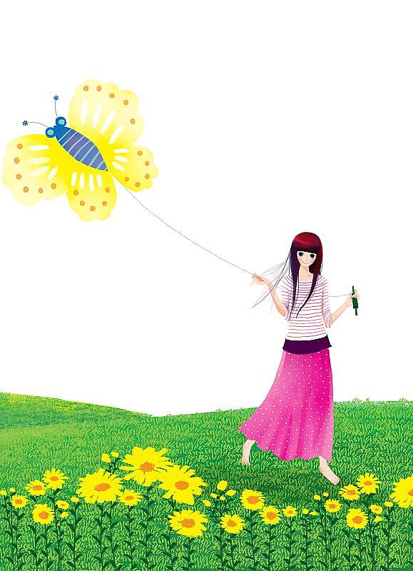 站在花丛中的拿着风筝的年轻女子图片下载