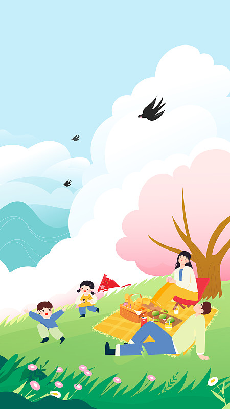 快乐的一家四口樱花树下野餐矢量插画竖图下载