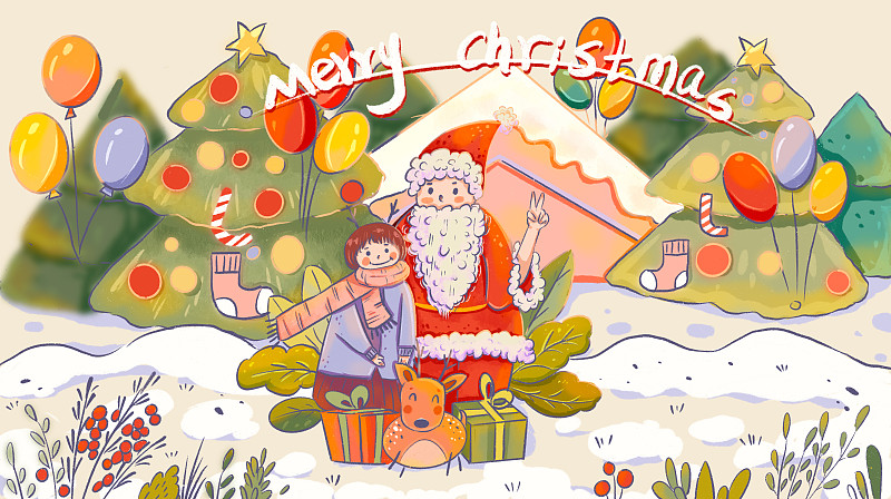 圣诞节老人女孩树木插画海报背景下载