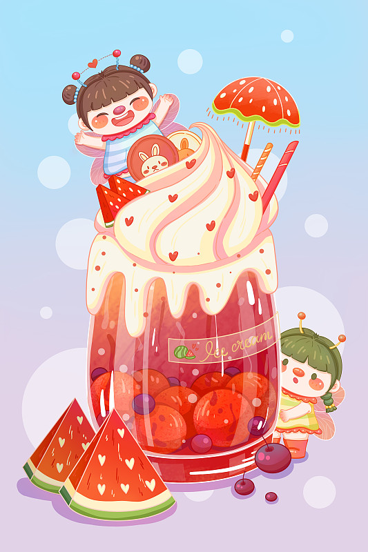 冰爽西瓜冰淇淋饮料奶茶小精灵夏季美食人物插画图片
