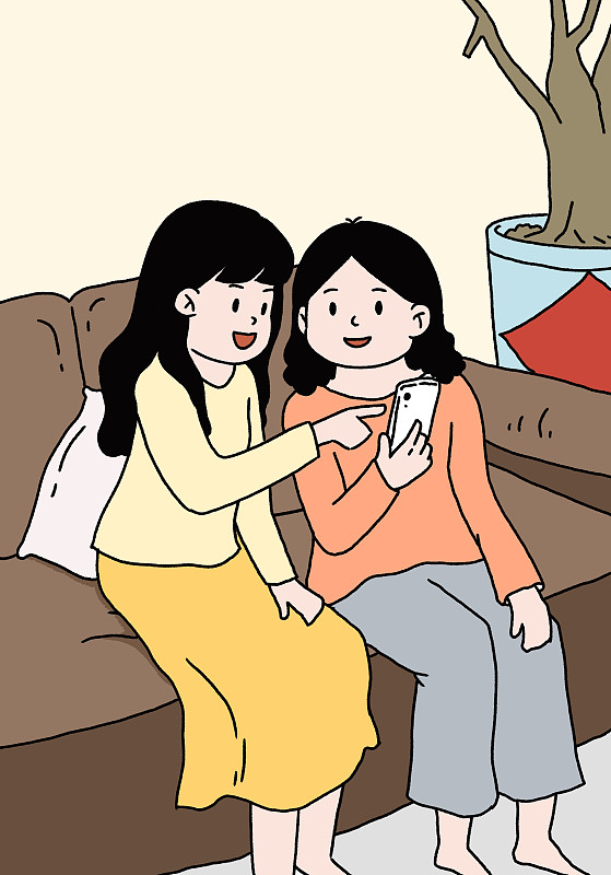 插画：节日母女在家看手机闲聊图片