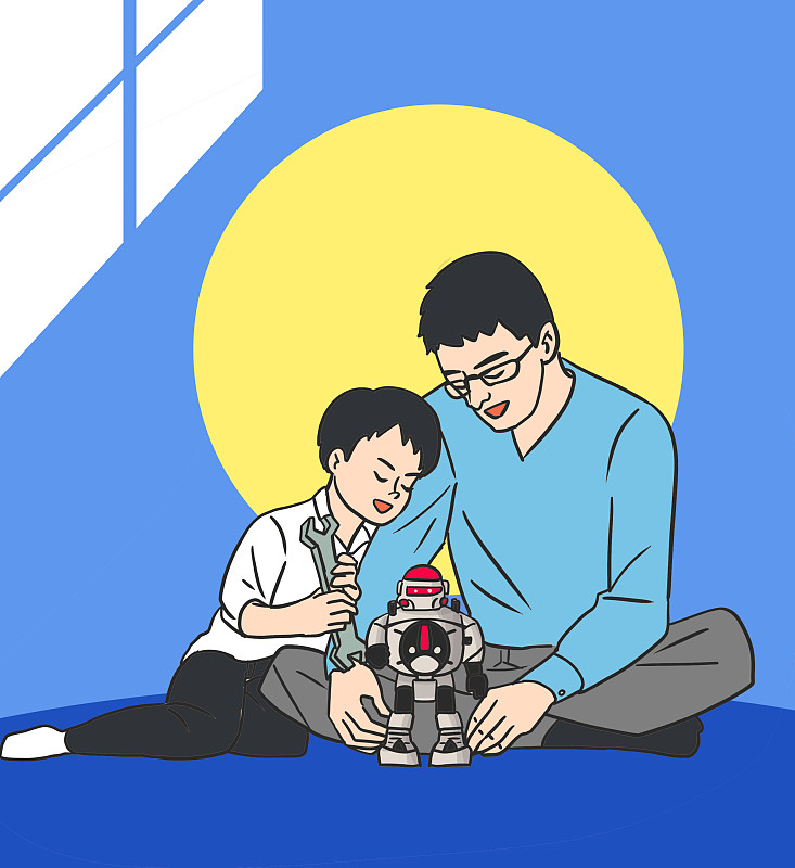 父亲节插画父子互动有爱蓝色海报模版  父亲和儿子一起玩机器人玩具下载