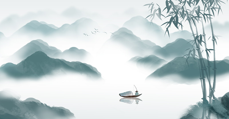 中国风蓝色意境山水画图片下载