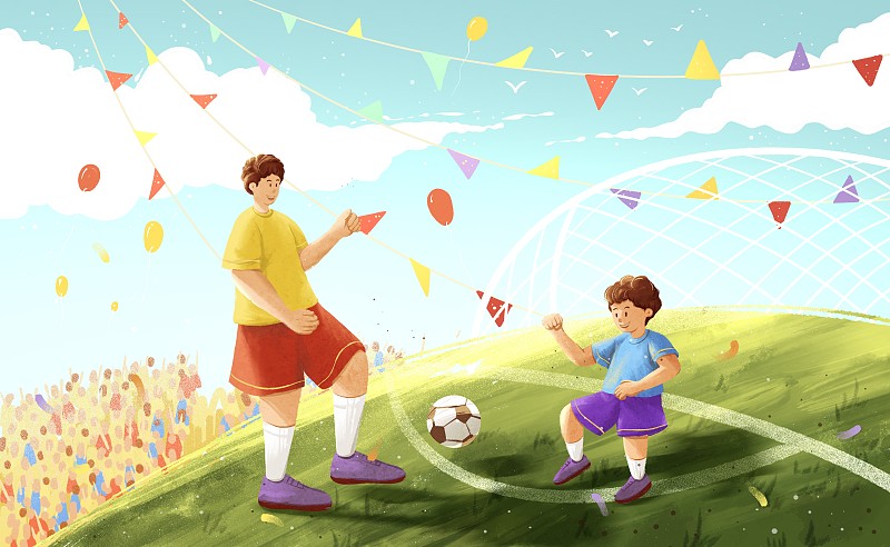 踢足球的父子插画下载