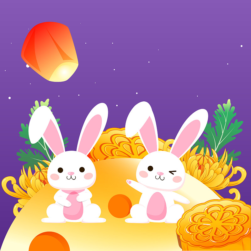 中秋节玉兔赏月吃月饼兔子望月传统节日插画下载