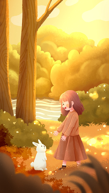 秋天森林中的女孩和兔子插画下载