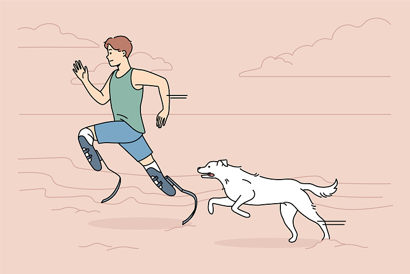 运动员戴着假腿和狗一起跑步图片下载