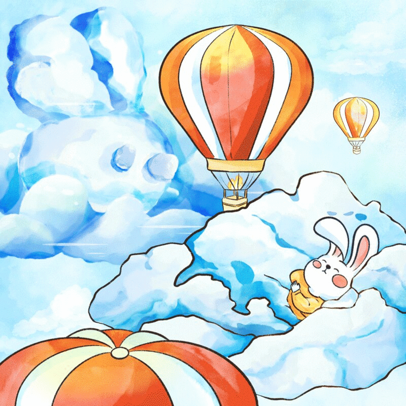 治愈系兔子吹水彩风动图天空热气球图片下载