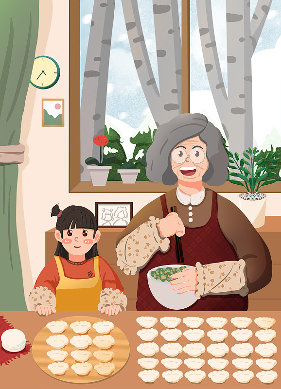 卡通手绘立冬的的时候跟着奶奶学包饺子插画下载