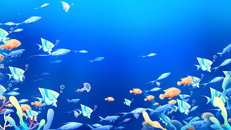 深蓝色唯美动漫海洋鱼类装饰插画下载
