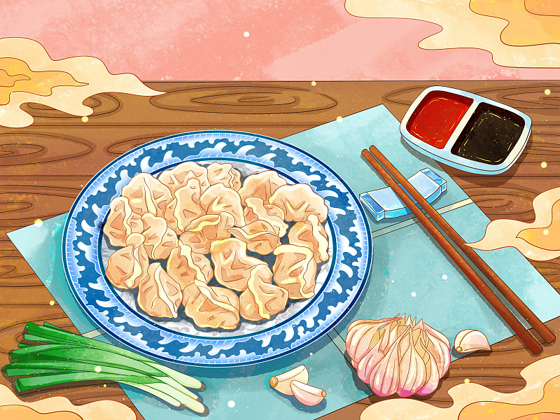 手绘水彩传统美食水饺插画下载