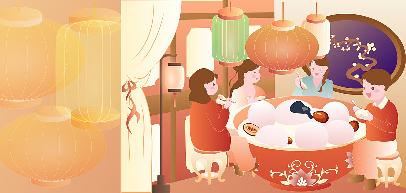 元宵节看花灯吃团圆饭的一家人图片下载