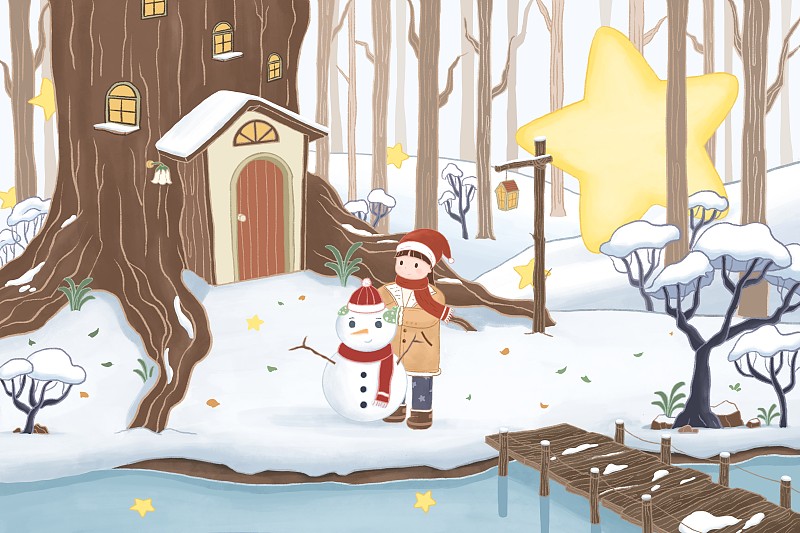冬天森林小屋小女孩堆雪人图片下载