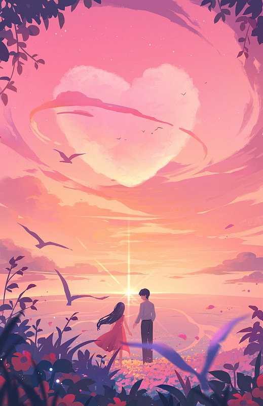 情侣在浪漫粉色天空下的花田中约会图片下载