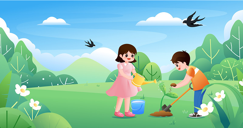 春天植树节儿童种植树苗矢量插画下载