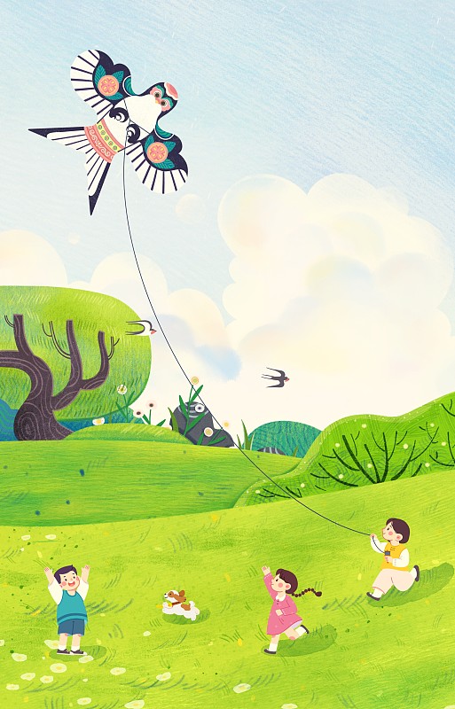 手绘春天春分节气户外放风筝的儿童图片下载