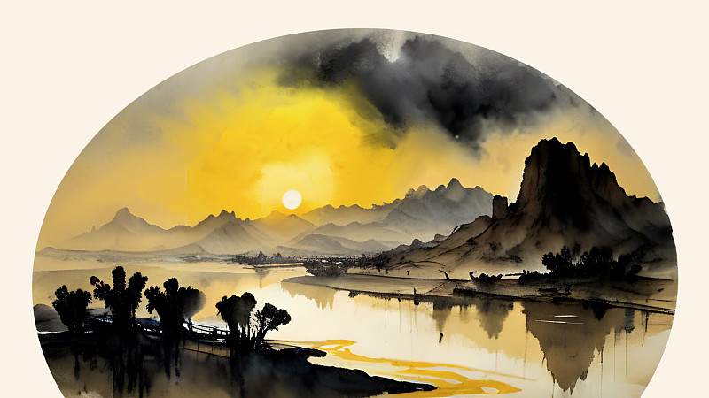 中国风水墨晕染山水画图片下载