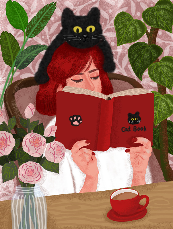 黑猫和女生正在看书周围是咖啡花和绿色植物图片下载