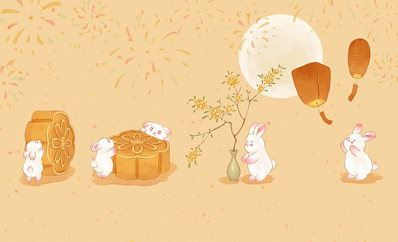 可爱风水彩手绘中秋节小兔子插画元素下载