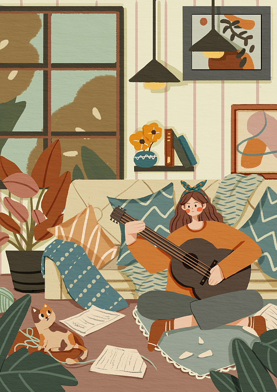 坐在沙发上弹吉他的女人，室内插画下载