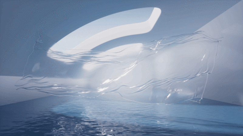 室内水面空间与透明飘动布料3D渲染插画下载