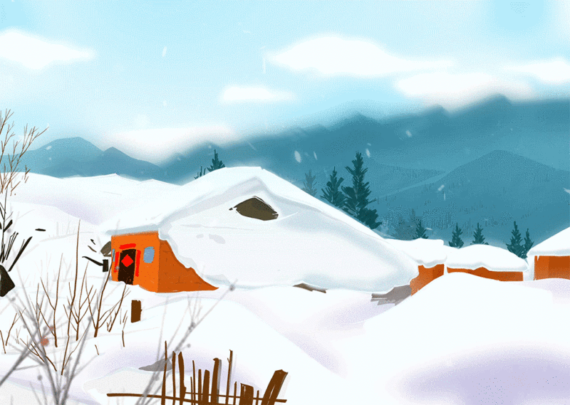 农村建筑雪景冬季节日节气风景矢量插画海报图片下载