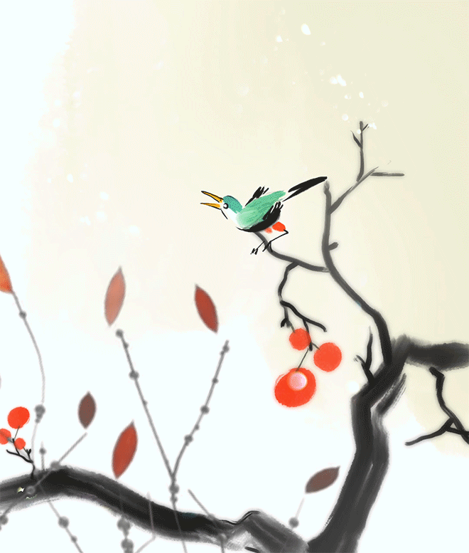 秋天，山楂树，小鸟，清新自然高雅艺术水墨动画视频图片下载