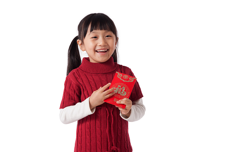 小女孩新年拿红包图片素材