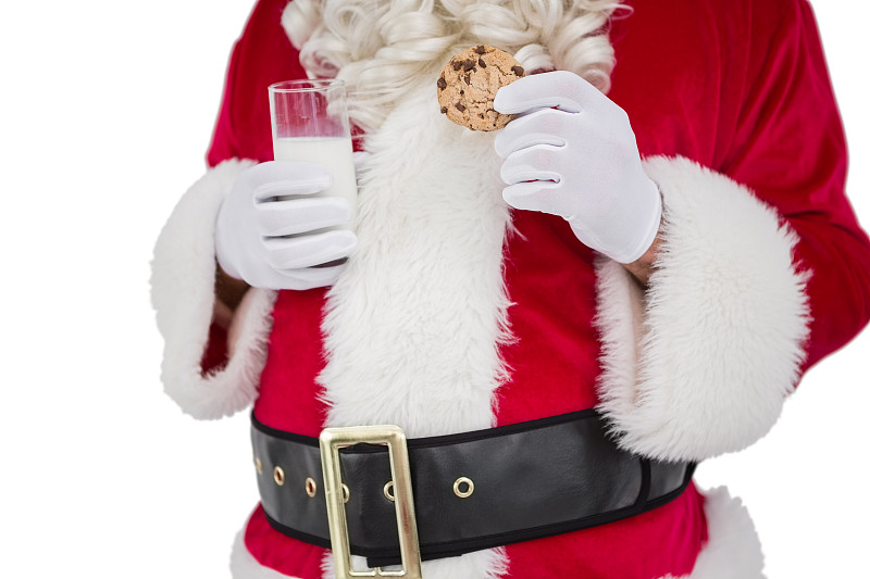 圣诞老人拿着饼干和牛奶在白色的背景图片下载