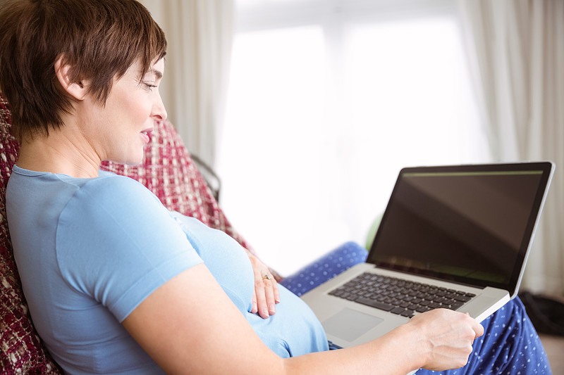 孕妇在客厅里用笔记本电脑图片下载