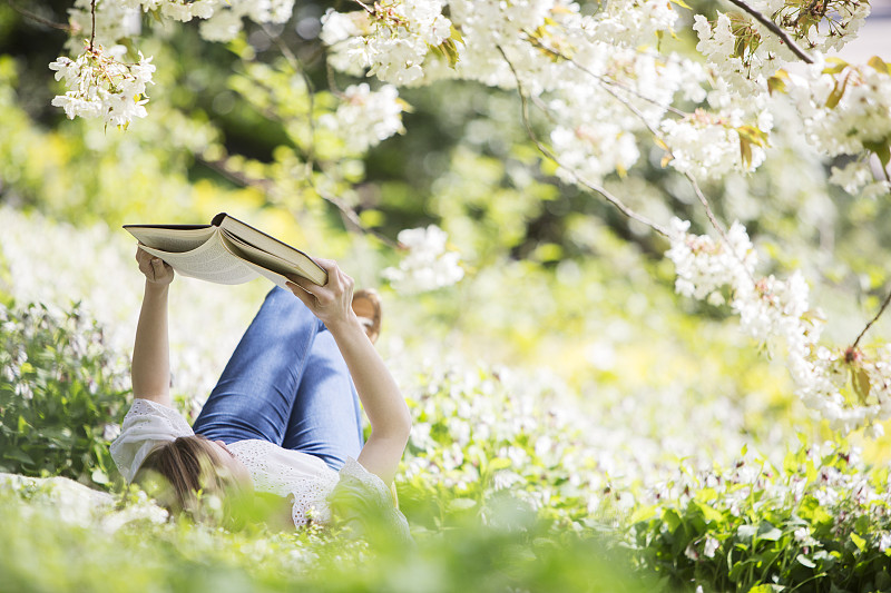 一个女人在开着白花的树下的草地上看书图片下载