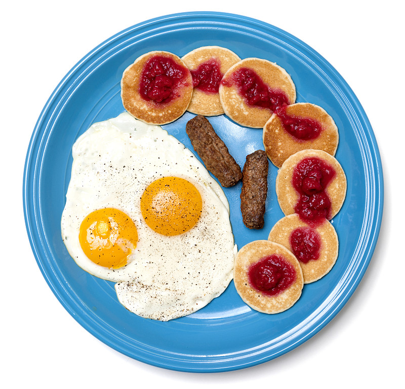 早餐有煎饼、鸡蛋和香肠图片下载