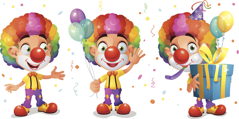 可爱的卡通小丑角色与气球和礼盒图片下载