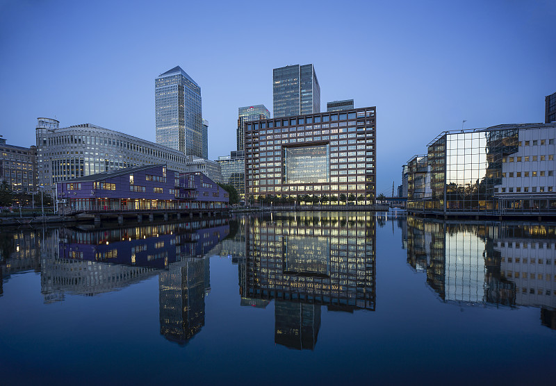 英国，伦敦，港区，傍晚时分金融区的建筑图片下载