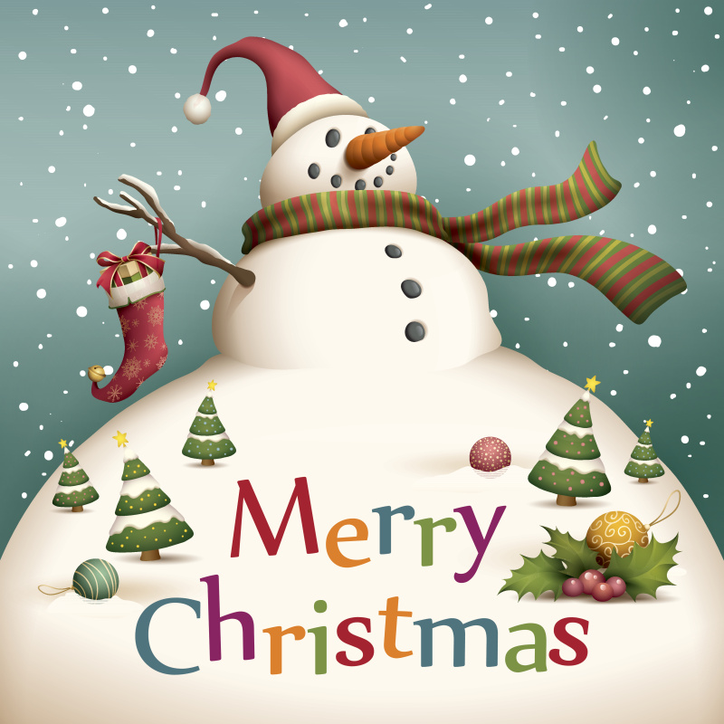 圣诞卡片-雪人与圣诞装饰品图片下载