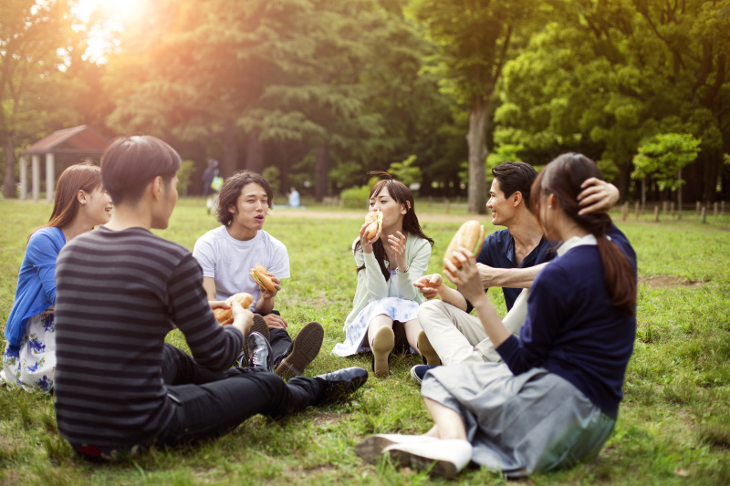 一群快乐的日本朋友在东京的公园里吃饭图片下载