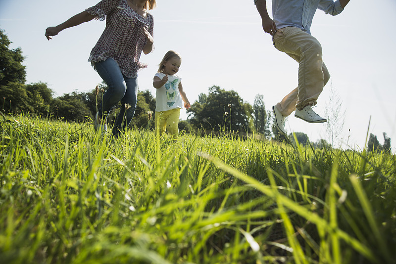父母和小女儿在草地上玩耍图片下载