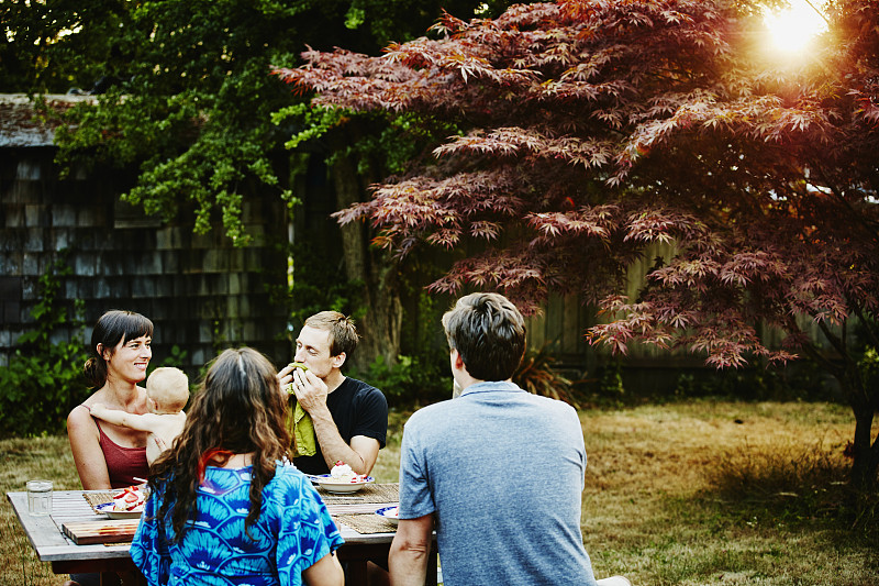 微笑的家庭在后院一起吃饭图片下载