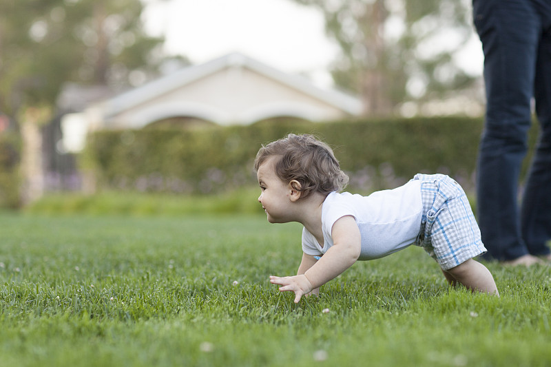 小男孩在草地上爬的侧视图图片素材