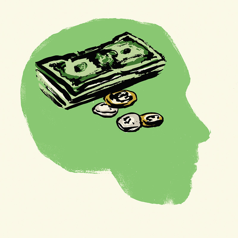 硬币和纸币的插图在黑色背景下的人的头图片下载