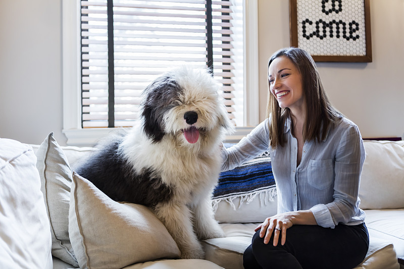 一个女人和她的宠物狗坐在沙发上图片下载