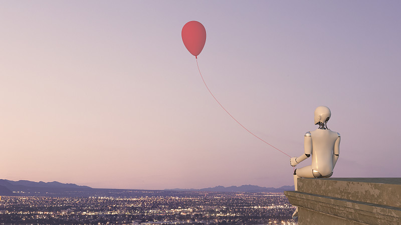 机器人坐在一个气球的屋顶边缘的后视图，3D渲染图片下载
