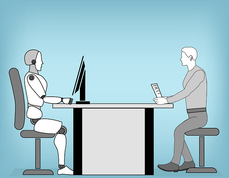 机器人与人交流。工作面试。机器人取代人类。矢量插图。图片下载