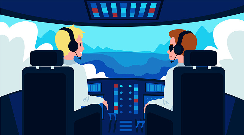 飞行员和副驾驶在飞机座舱内平面卡通矢量插图。图片下载