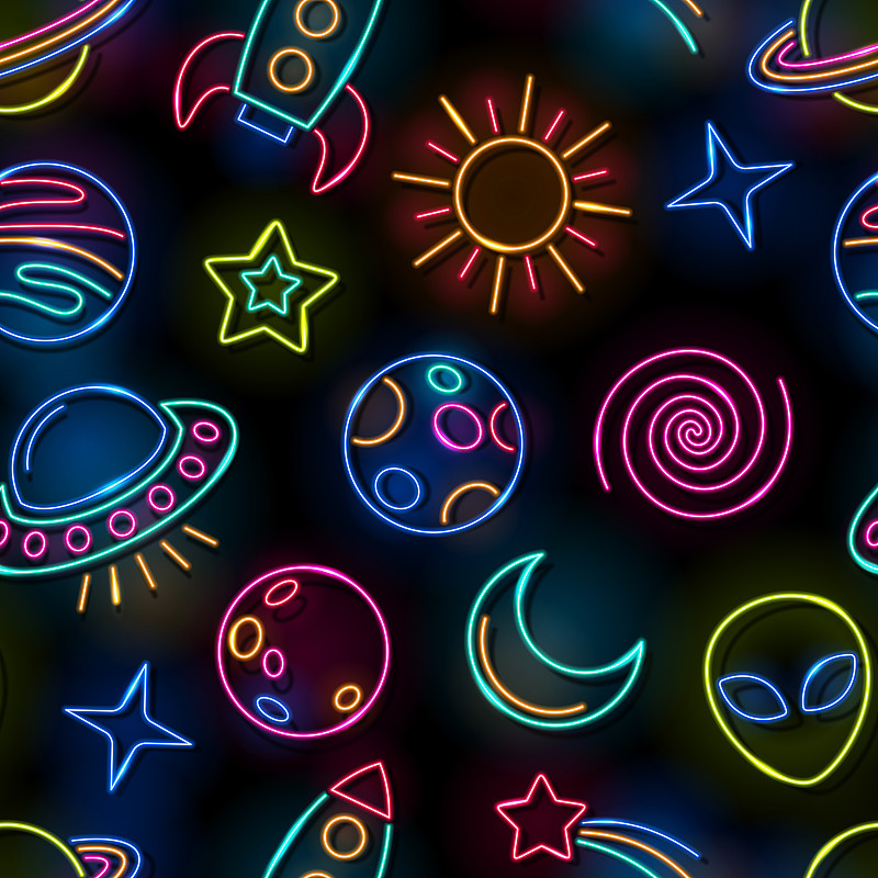 无缝空间霓虹灯图案。发光的火箭，行星，外星人，太阳，月亮，彗星和星星在黑色的背景图片下载
