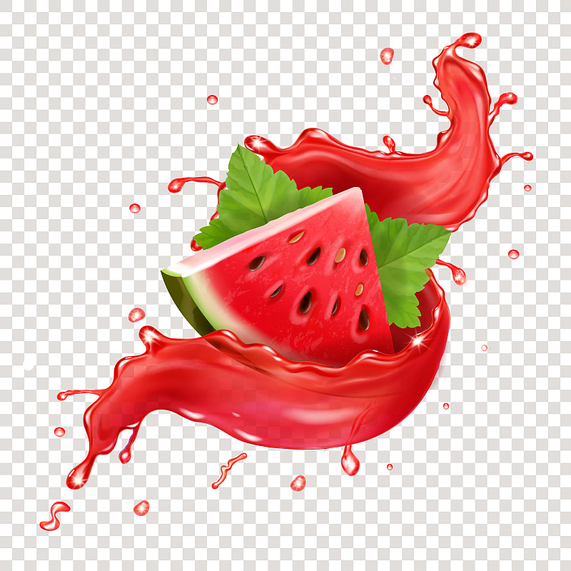 西瓜在红色鲜榨果汁飞溅逼真的插图图标图片下载