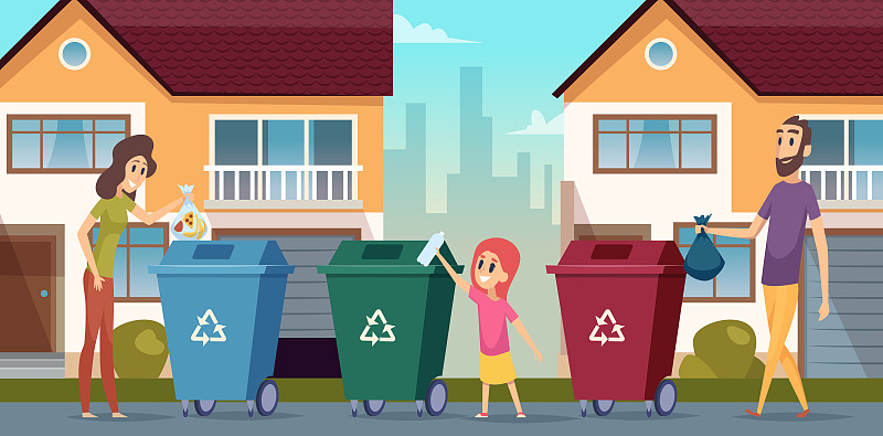 垃圾回收。垃圾分类人保护自然容器为垃圾矢量卡通背景图片下载